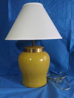 1 (of 2) Cute Vintage Yellow with Gold Band Squat Table Lamp