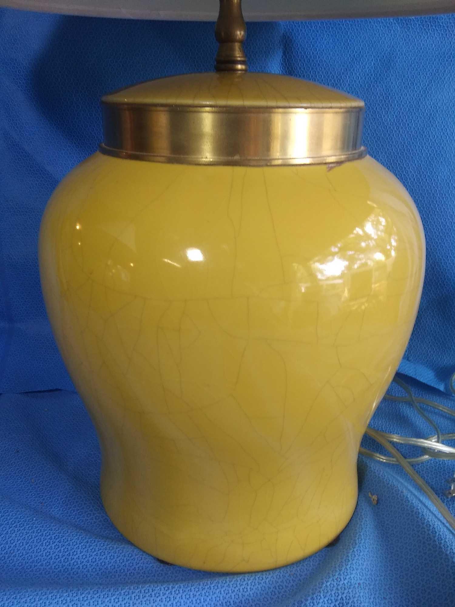 1 (of 2) Cute Vintage Yellow with Gold Band Squat Table Lamp