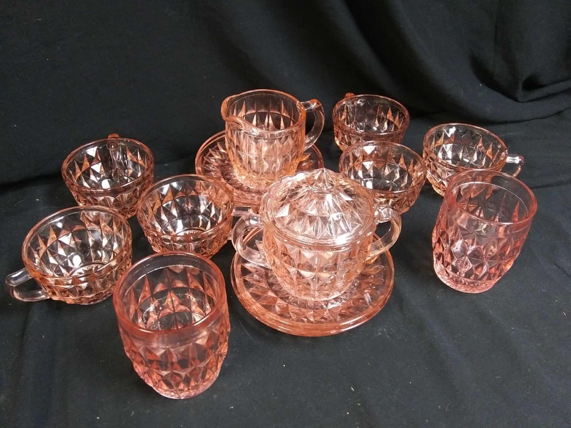 16 Pc Geometric Pink Depression Glass Tea Set + Juice Glasses