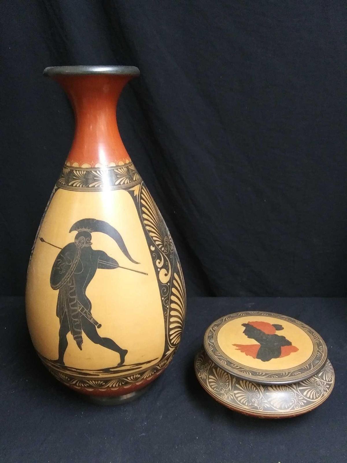 Pair of Lovely Etched and Painted Grecian-style Pottery, Tall Vase and Powder Box