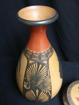 Pair of Lovely Etched and Painted Grecian-style Pottery, Tall Vase and Powder Box