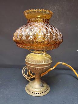 Antique LITTLE JEWEL Amber shade BRASS oil lamp, electric