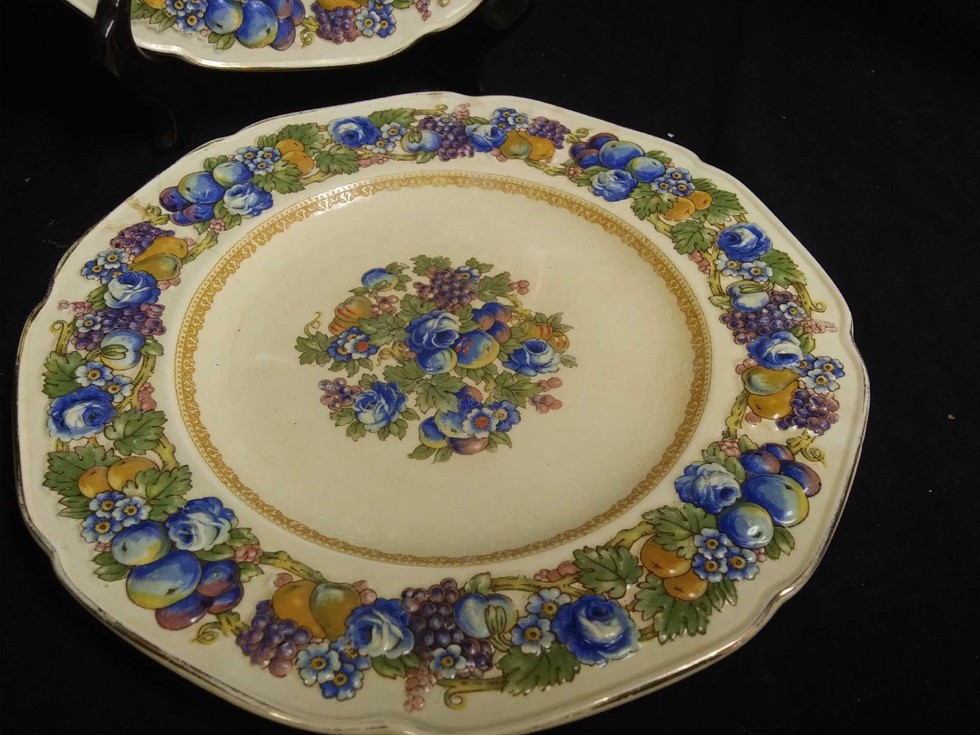 Pair of Crown Ducal Florentine Fruits And Flowers Dinner Plates. Made In England