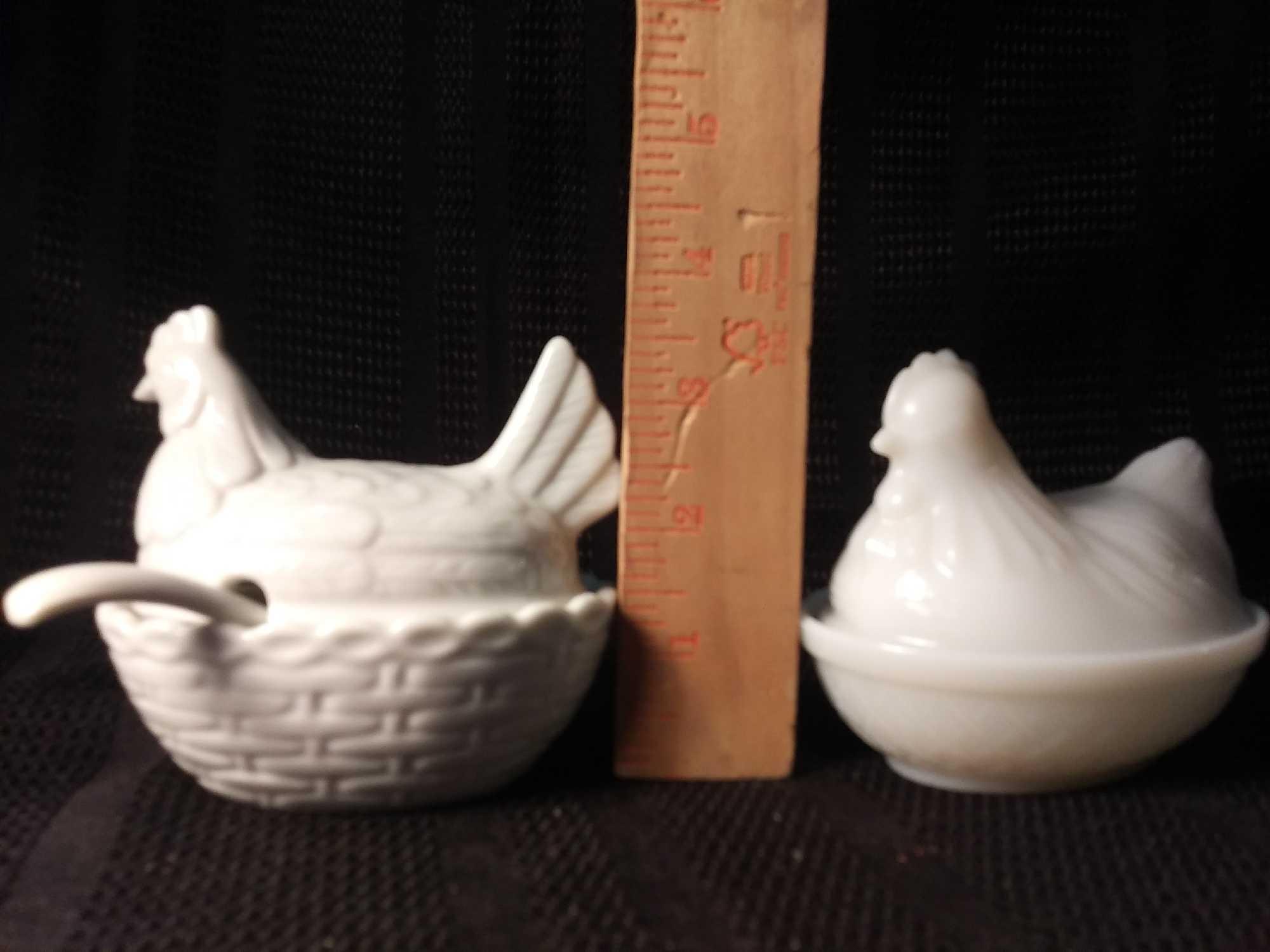 Pair of Hens on Nests (1) Hazel Atlass Milk Glass (1) Condiment with Lid and Spoon