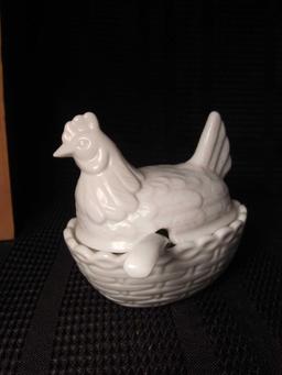 Pair of Hens on Nests (1) Hazel Atlass Milk Glass (1) Condiment with Lid and Spoon