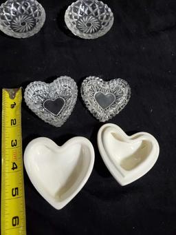 Vintage Glass and ceramic jewelry trays including heart lidded