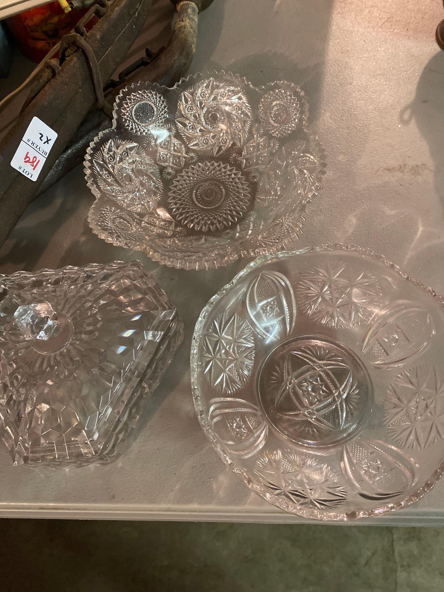 Brilliant glass lot inc fancy glass bowls and Covered glass 3 compartment dish
