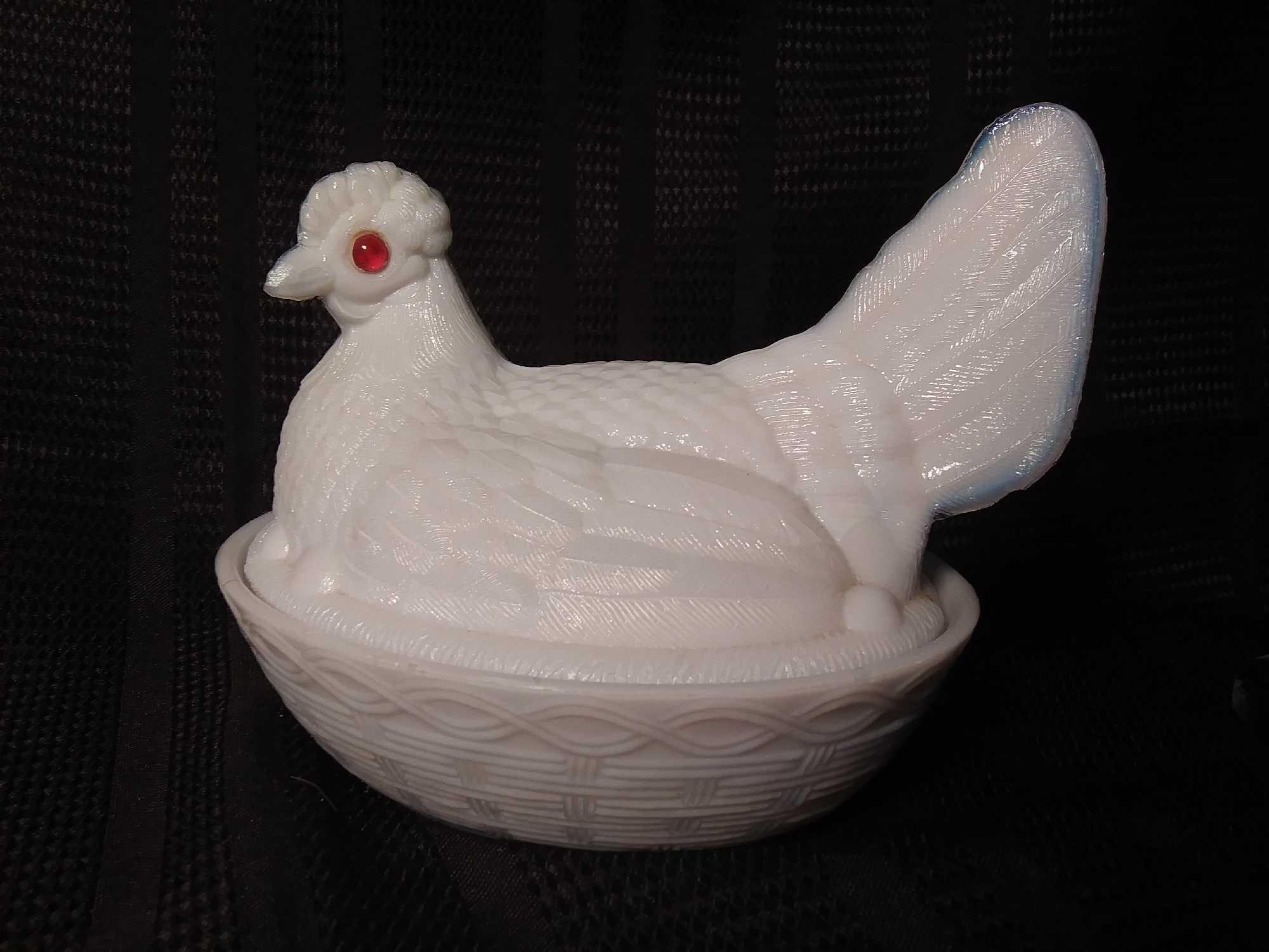 5.5" Tall 1800s HEN ON NEST Atterbury MILK GLASS - Smooth Rim Base & Glass Eyes