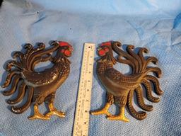 Vintage Set of 2 Cast Metal Chickens Wall Decor