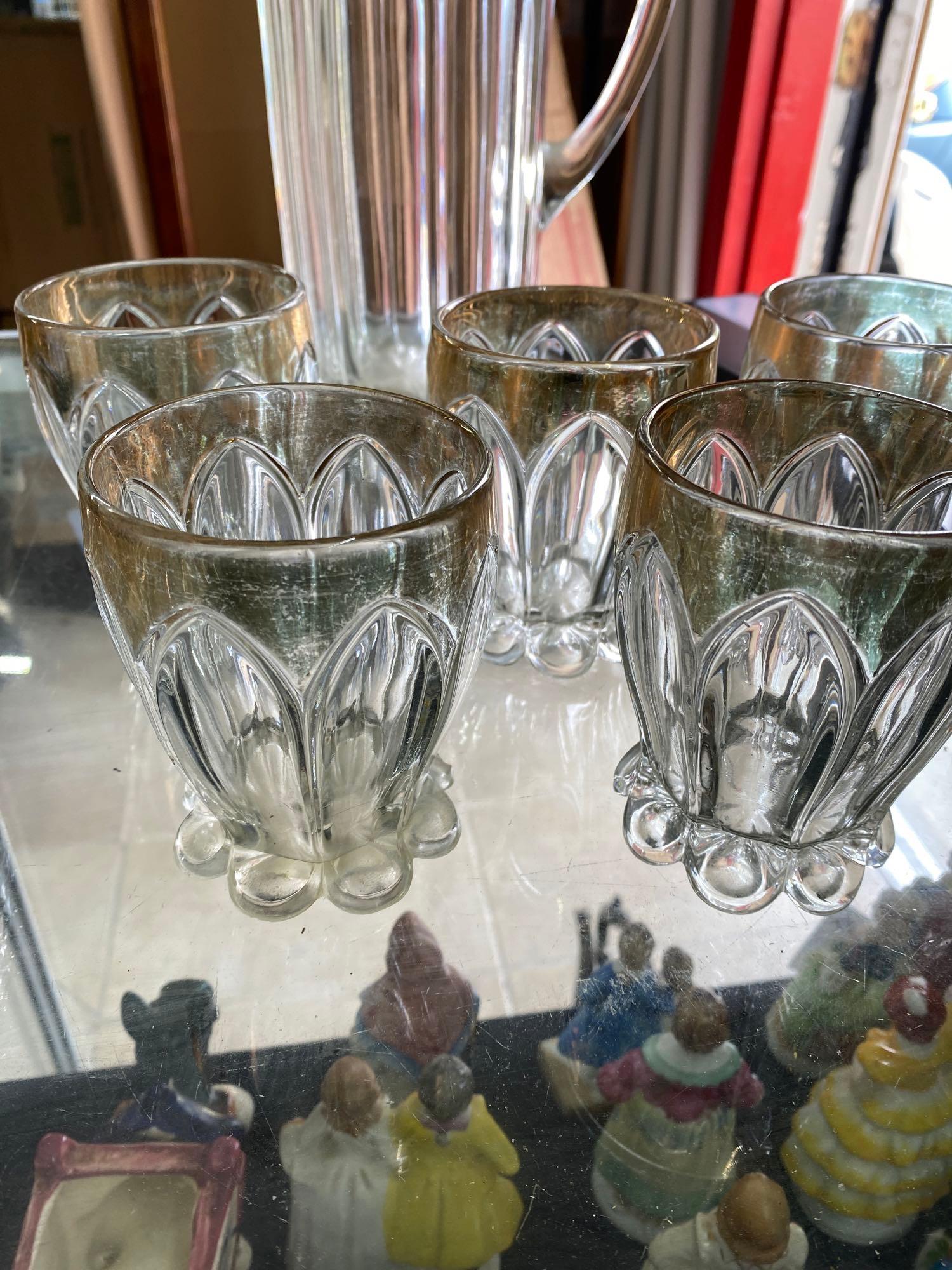 Rare antique Gothic Arches water pitcher and 6 tumblers set