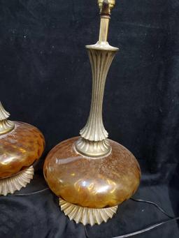 Pair of MCM Vintage AMBER GLASS Orb style table lamps