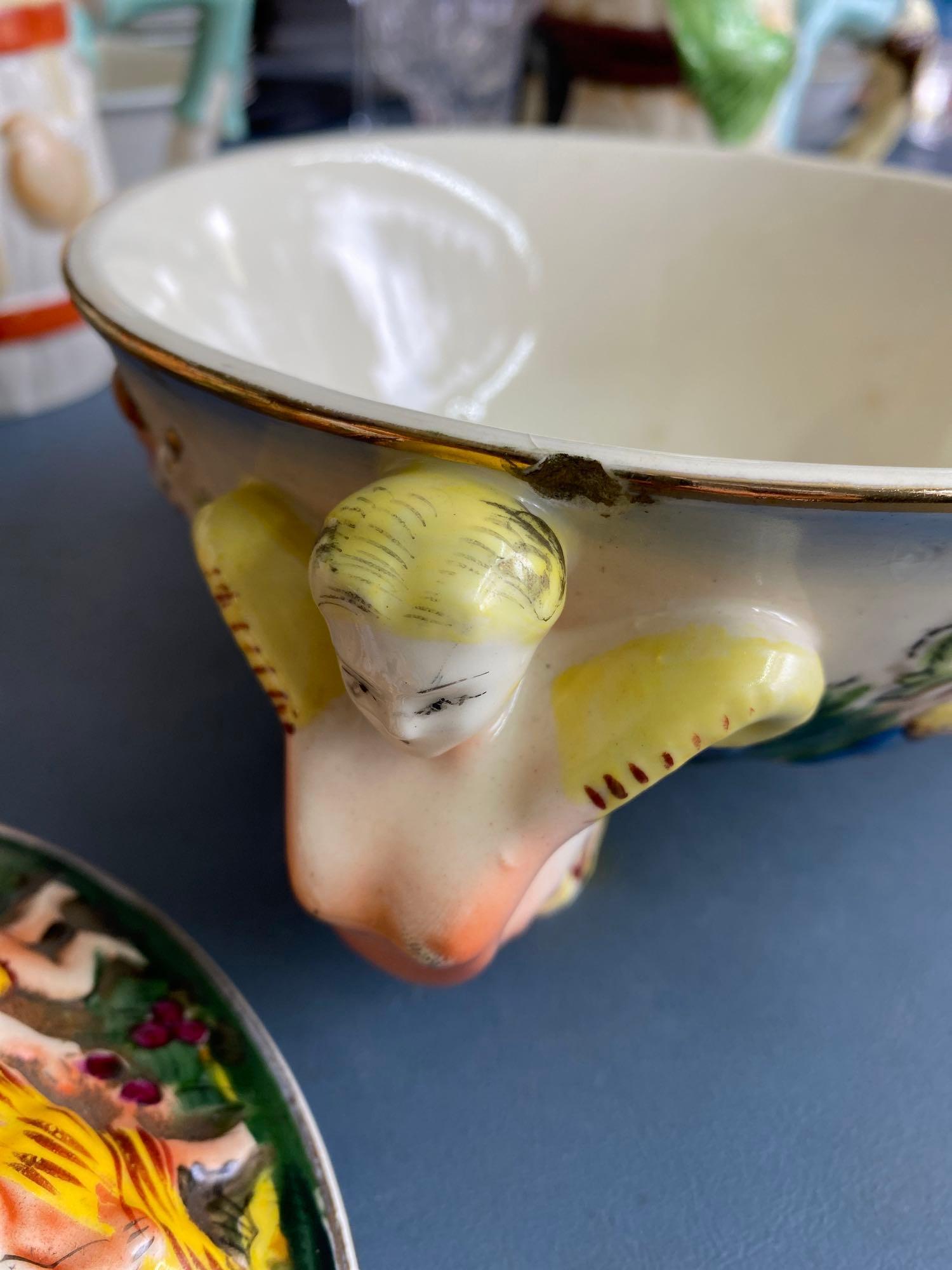 Unique Occupied Japan Colorful covered bowl with 3 Mermaid feet