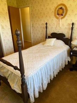 4 post Antique twin bed complete with headboard, footboard, rails and bedding on castors