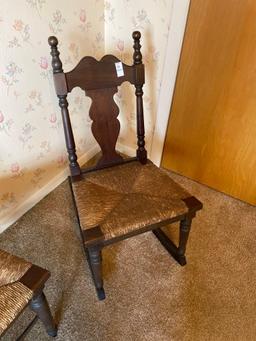 Antique carved Wood and rush cane bottom rocking chair