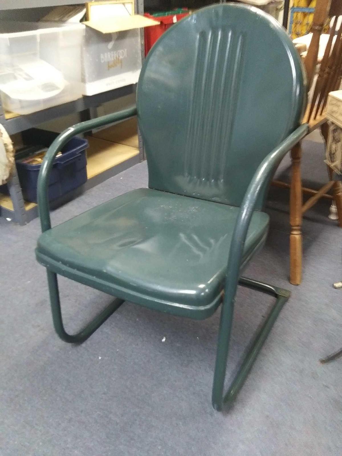 metal mid-century outdoor chair, dark green