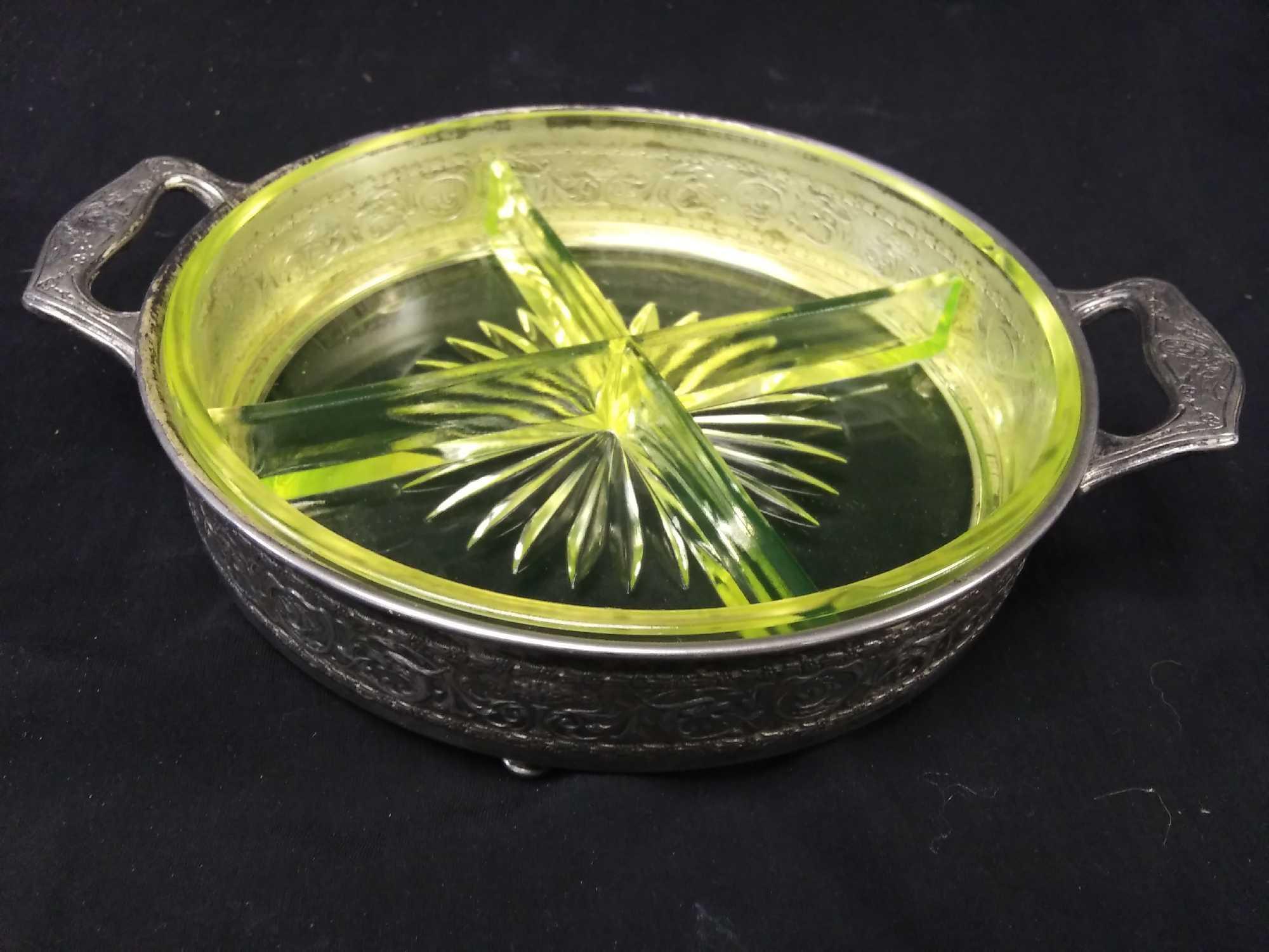 1930s green Vaseline depression glass relish dish in handled tray