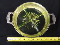 1930s green Vaseline depression glass relish dish in handled tray