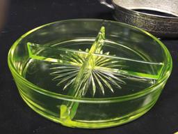 1930s green Vaseline depression glass relish dish in handled tray