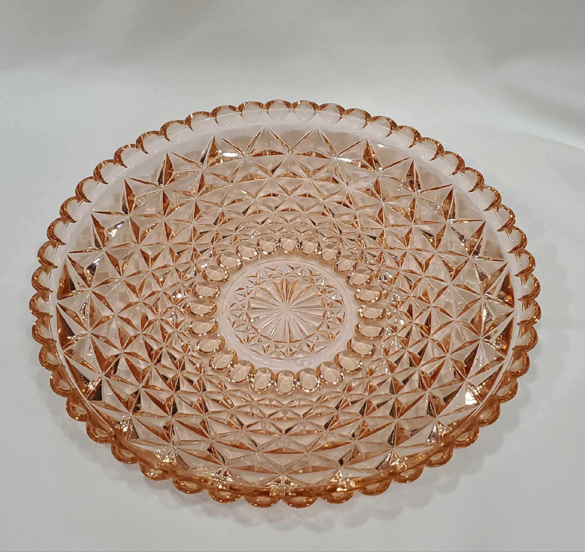 7" - PINK American Fostoria Cube Pattern dish, vintage