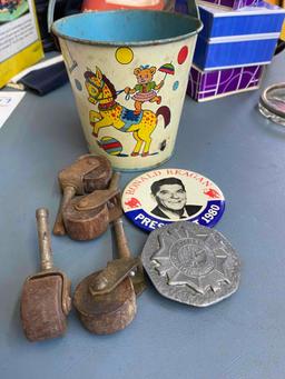Antique Castors, VFW pewter buckle and 1980 Ronald Reagan pin in childs Tin pail