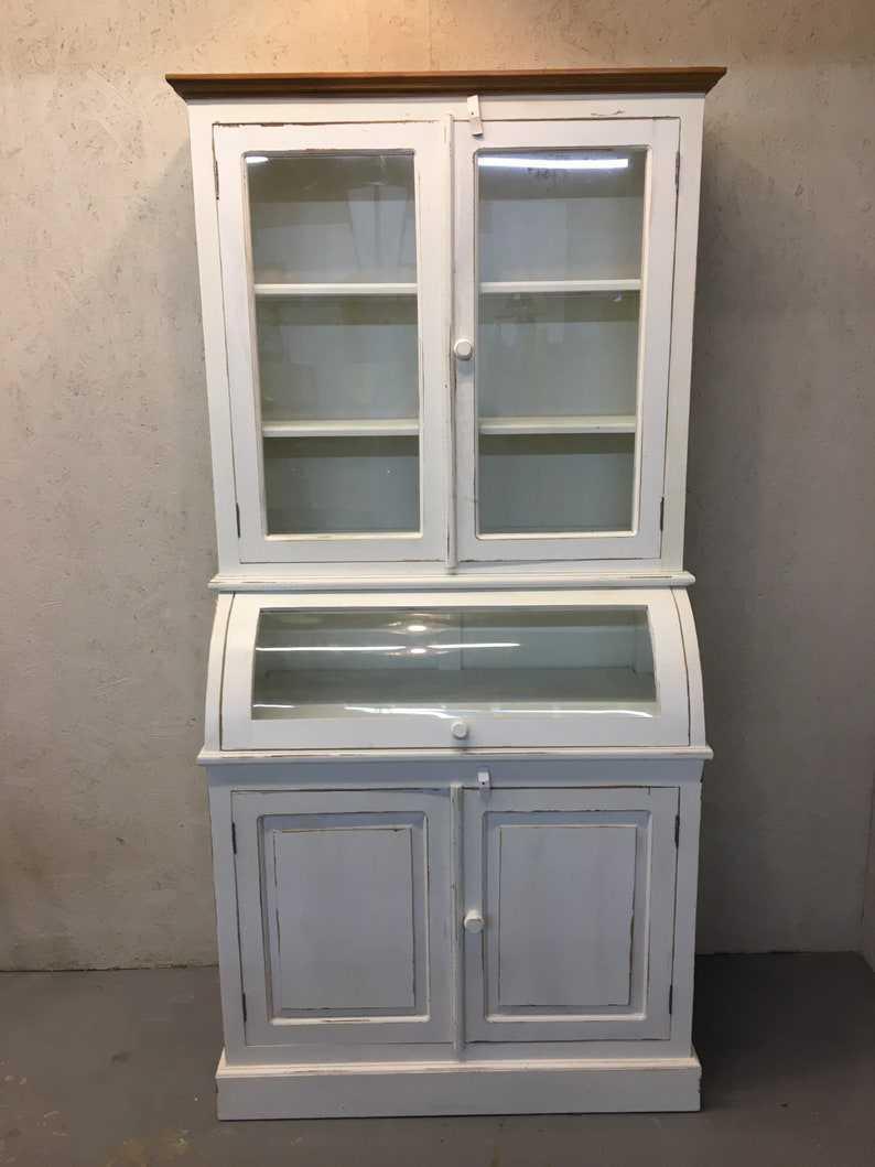 Large Beautiful General Store Style Cabinet W/ Curved Glass, Storage Farmhouse