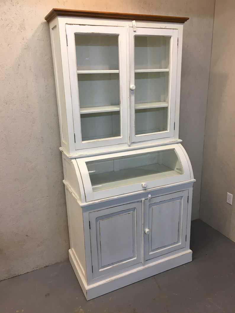 Large Beautiful General Store Style Cabinet W/ Curved Glass, Storage Farmhouse