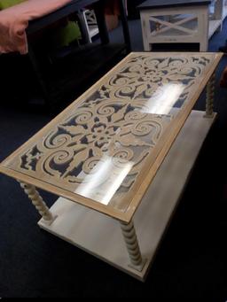 NEW STOCK ANTIQUE WHITE FILIGREE TOP, COVERED GLASS COFFEE TABLE