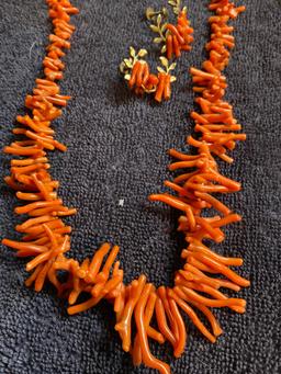 Vintage Coral necklace and earrings set with 14k gold chain clasp