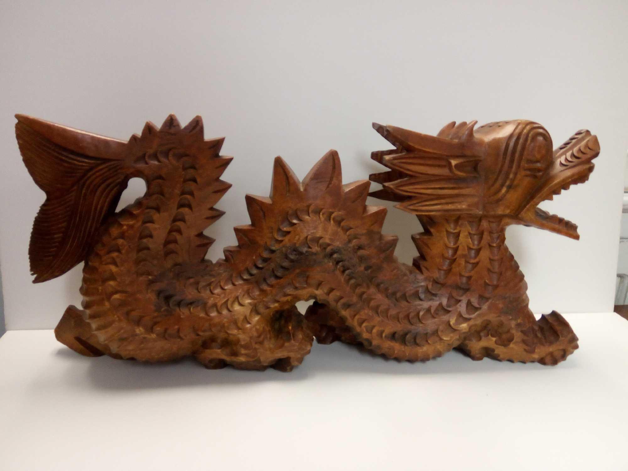 HEAVILY CARVED EAST ASIAN ASTHETIC WOODEN DRAGON