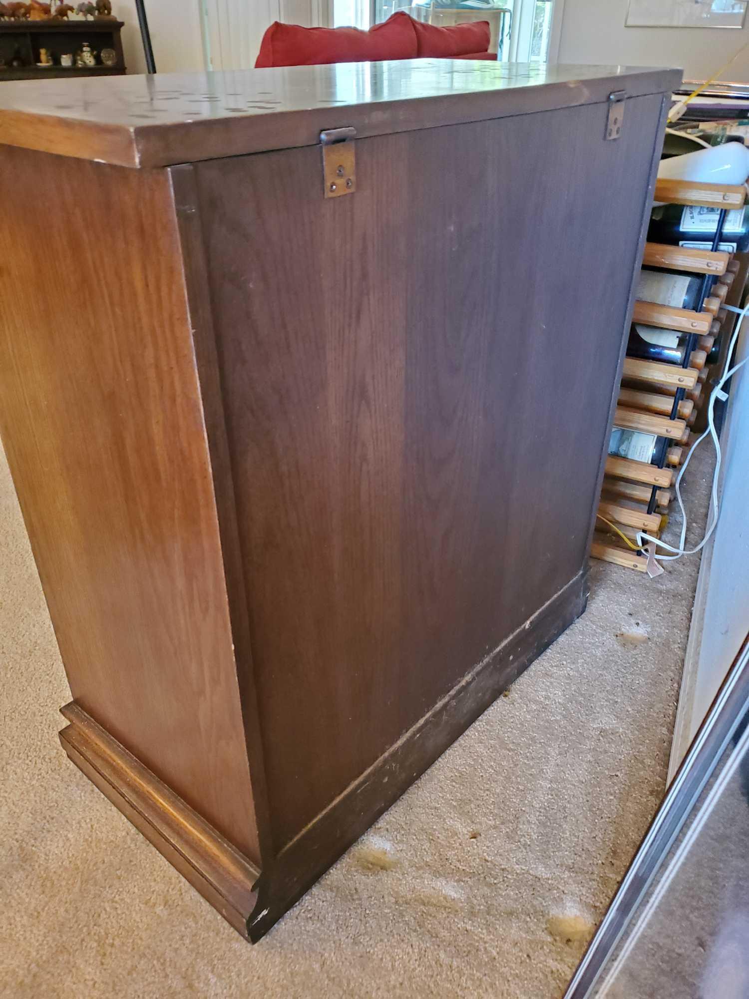 Hefty Solid Wood , rolling HIDDEN LIQUOR CABINET with contents , vintage