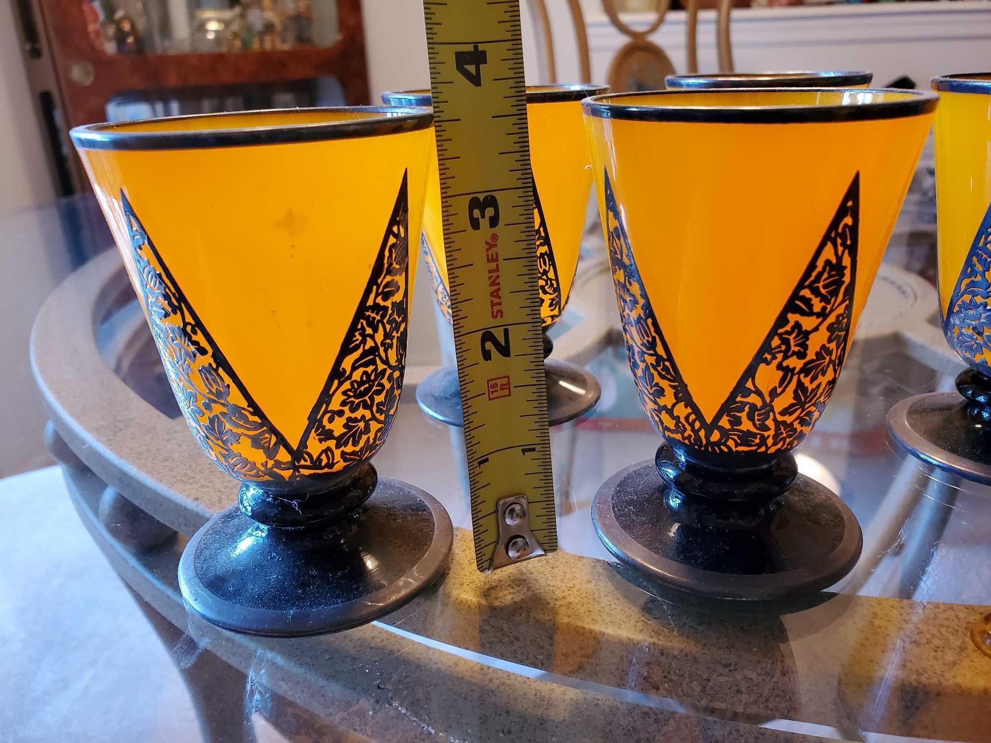 Lovely set of (6) Yellow Glass, Silver Overlay glass set