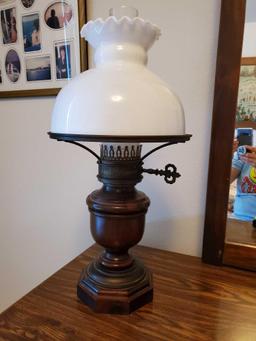 ALADIN style wood and cast metal base Hurricane ELECTRIC Lamp with ruffled shade, milk glass