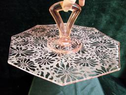 Vintage McKee Glass Brocade Pink Frosted Poinsettia Center Handle Tray- Circa 1935