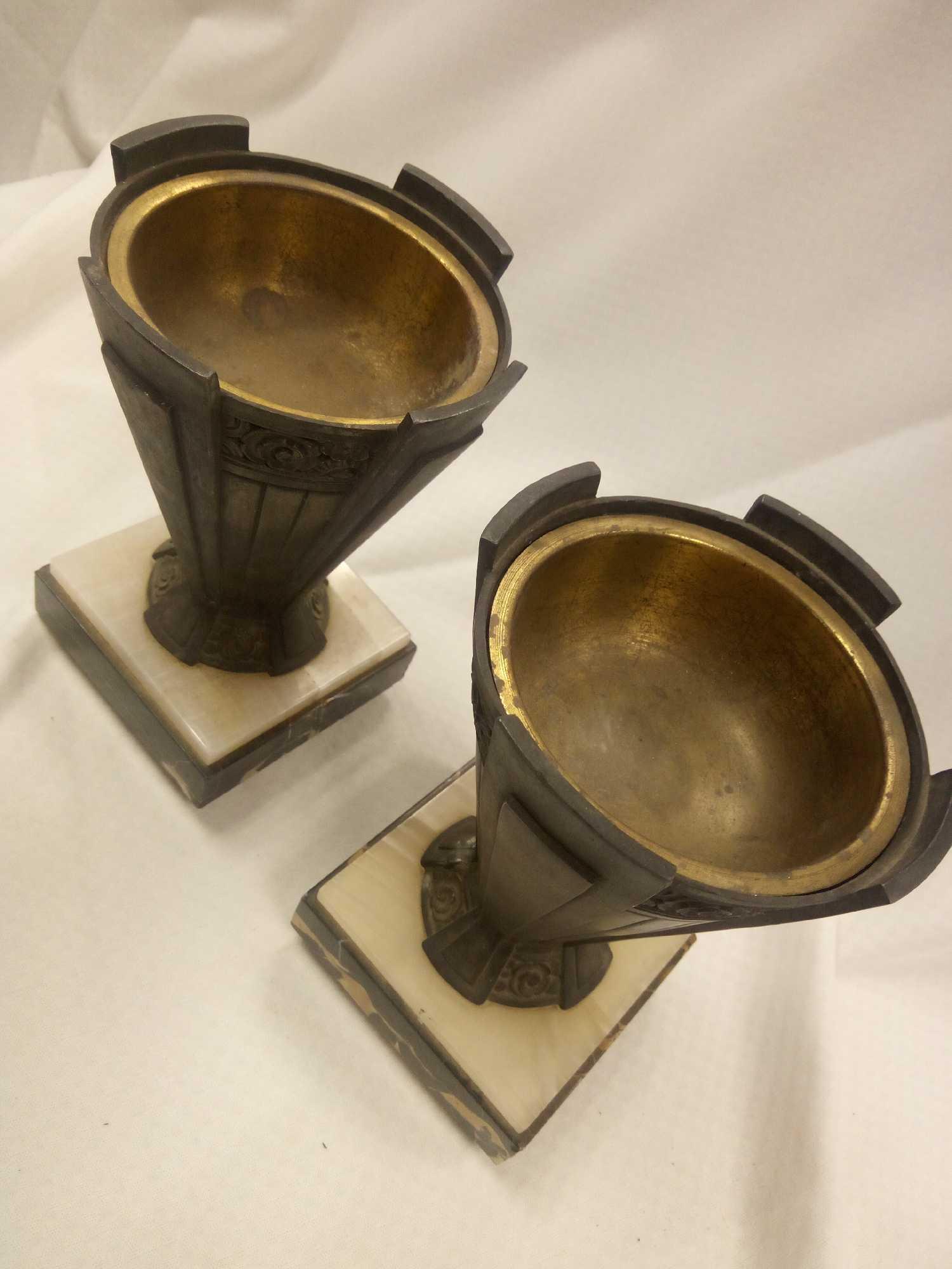 PAIR OF FRENCH? ART DECO BRONZE MARBLE BASE VASES