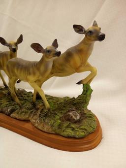 Large Resin Traveling Deer Herd Sculpture on Wood Base