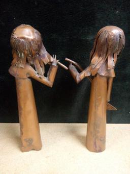 Pair of Heavy Copper Musicians, Metal Art, Flute and Base