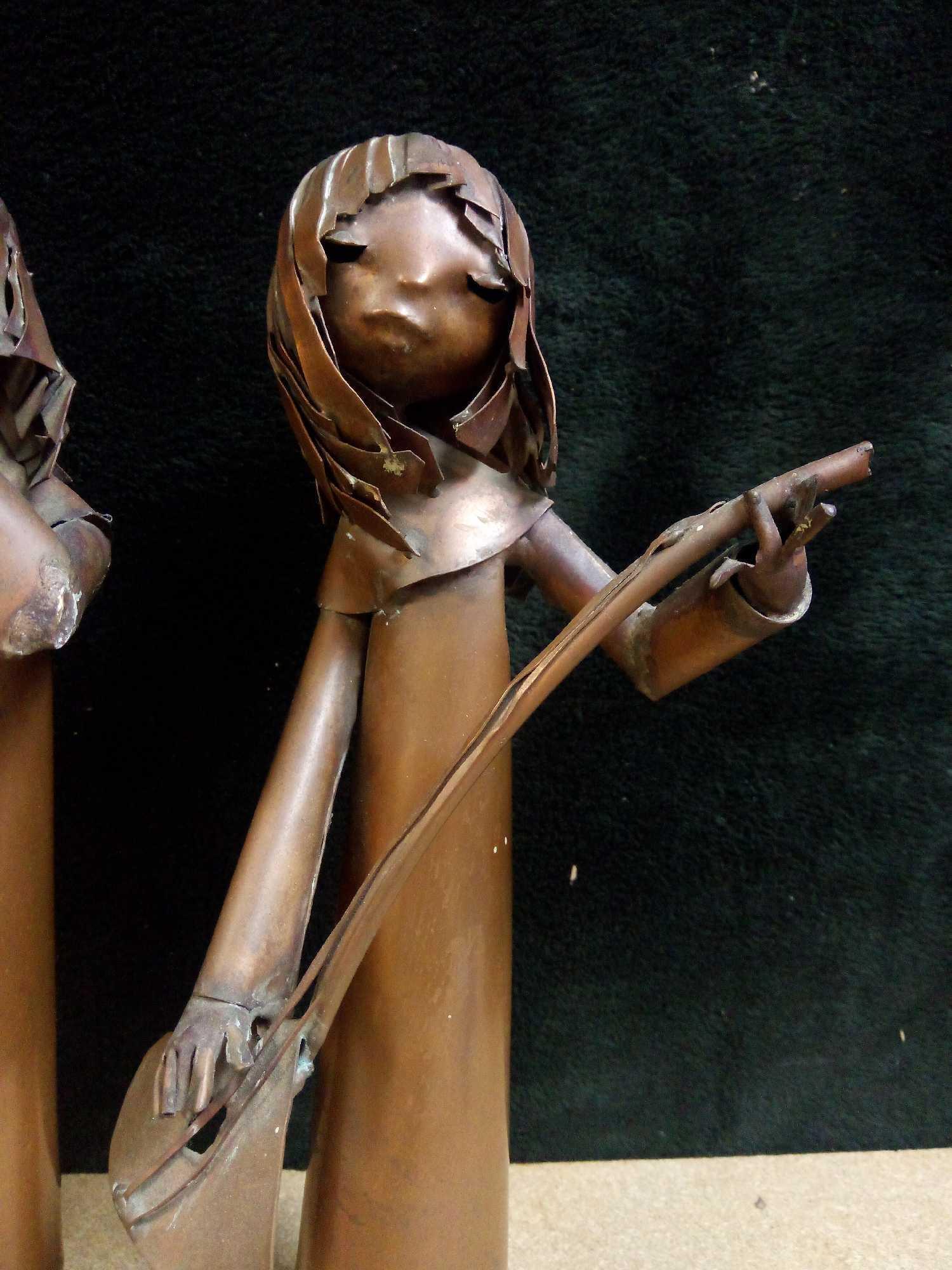 Pair of Heavy Copper Musicians, Metal Art, Flute and Base