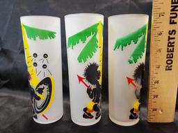 set of 3 Vintage Libbey Glass Co African Tribal Drinking Glasses