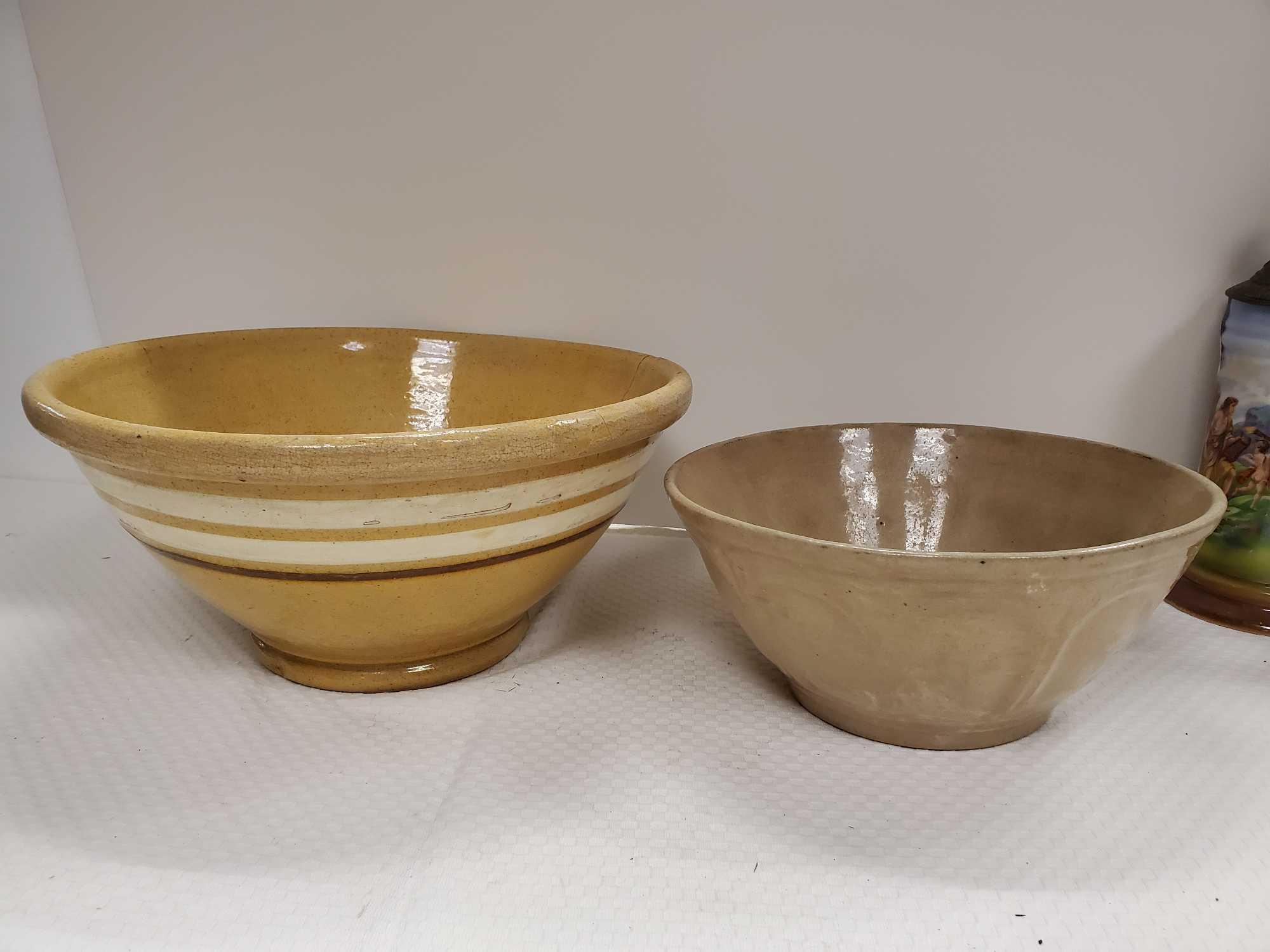 (2) Vintage/antique 12" / 9" Crockery Mixing serving bowls