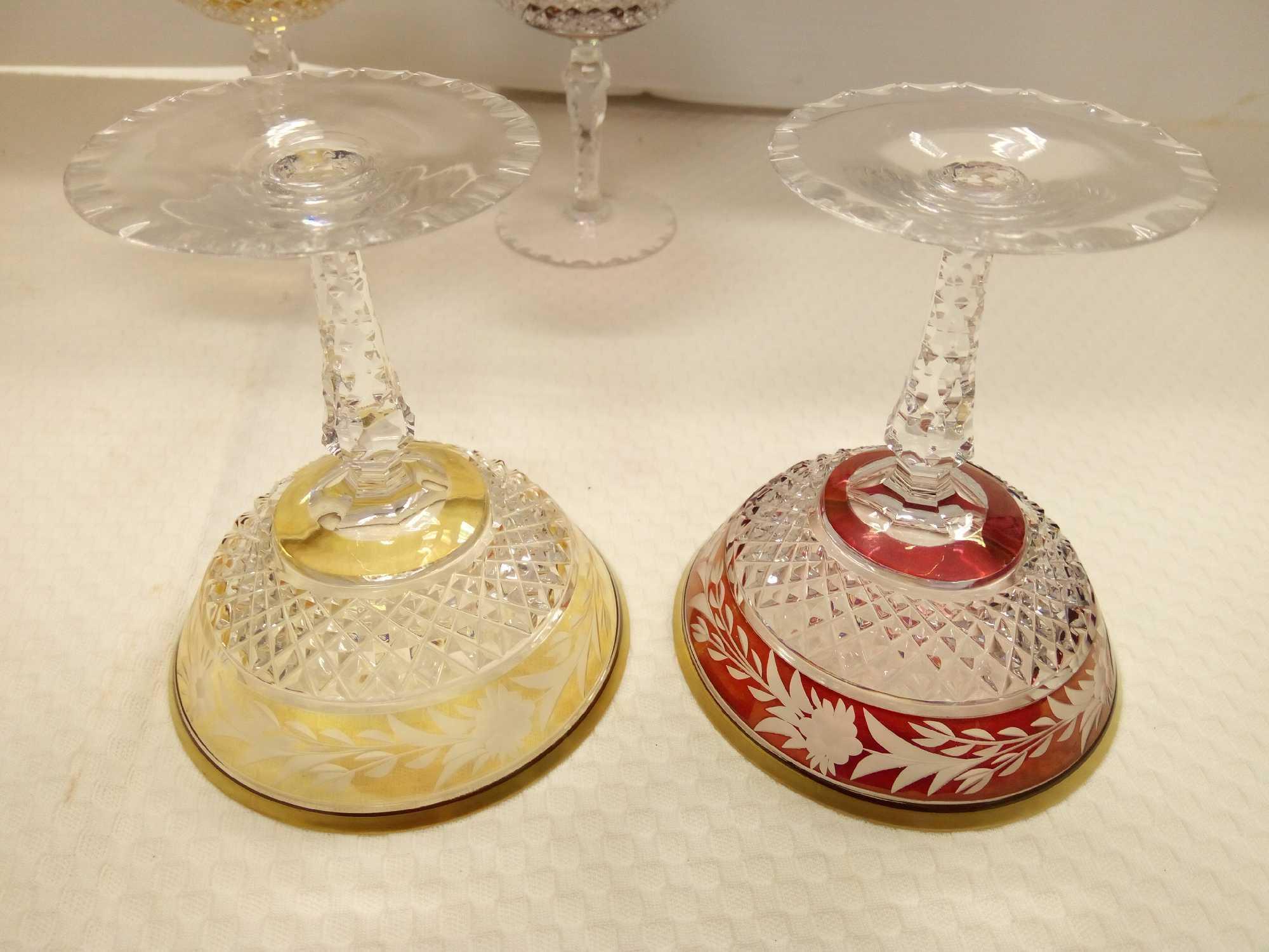 (4) Ebeling and Reuss? German Cut To Clear (2) Ruby (2) Gold Champagne Glasses