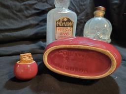 vtg MOHAWK LIQUER decanter with FEDERAL STAMP, plus ROCK RYE , and Crystal Head