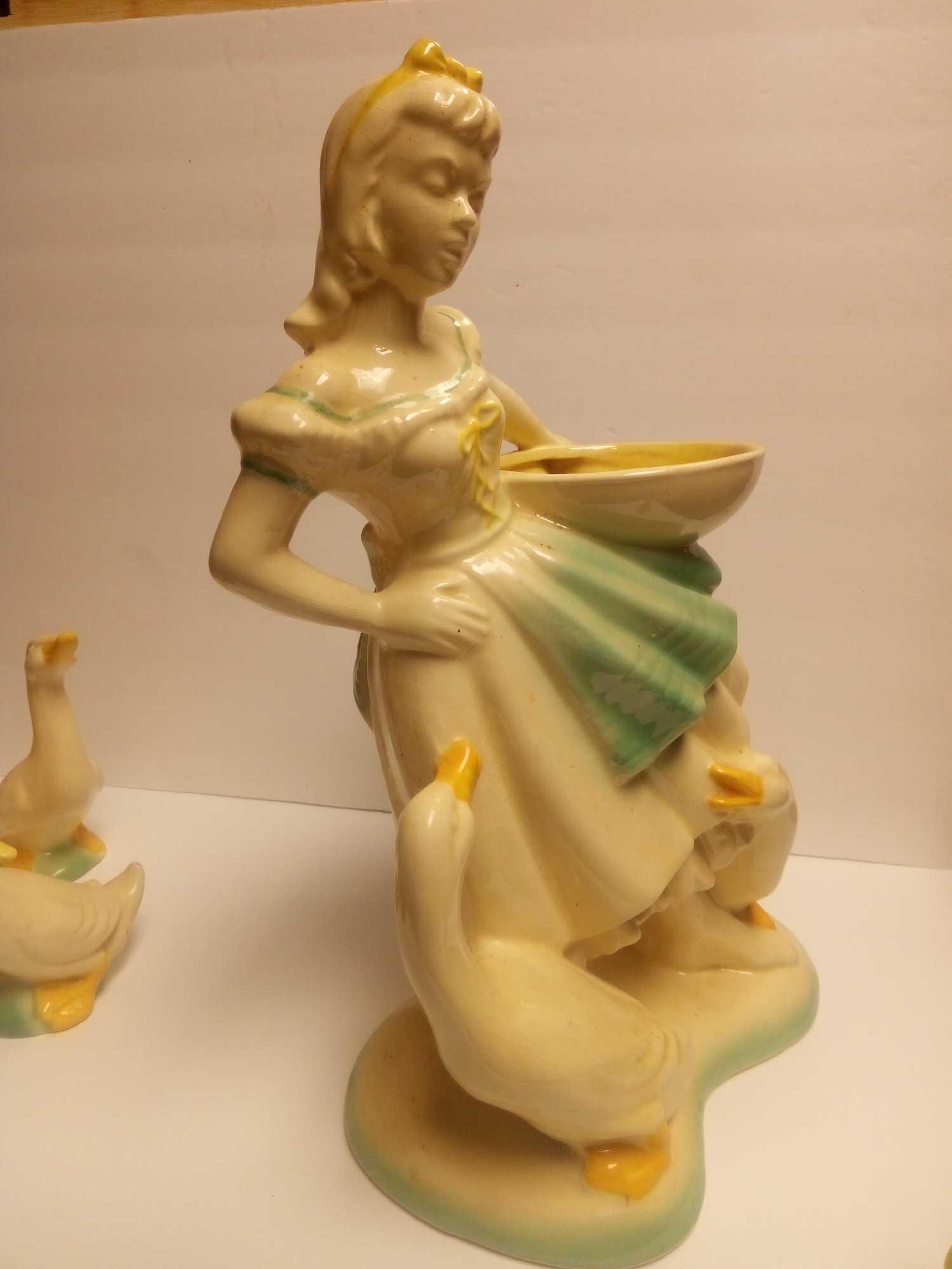 HAEGER POTTERY, GIRL WITH GEESE AND GOSLING LARGE PLANTER