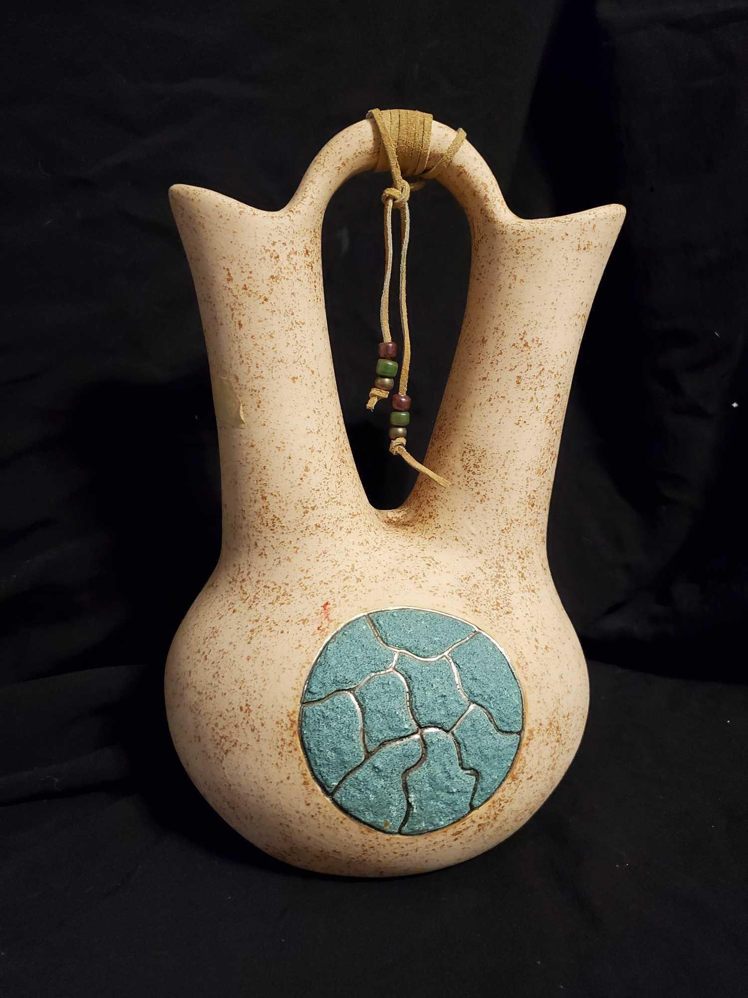 Handmade Pottery Double Sided Wedding Vase Southwestern Turquoise