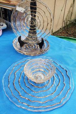 SET 1950's IVV Glacier Platter and Bowl 10K Gold Trim AND Spiral Platter and Bowl