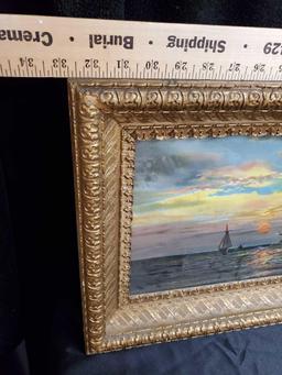 Beautifully framed 32.5" wide colorful print - Sea sunset