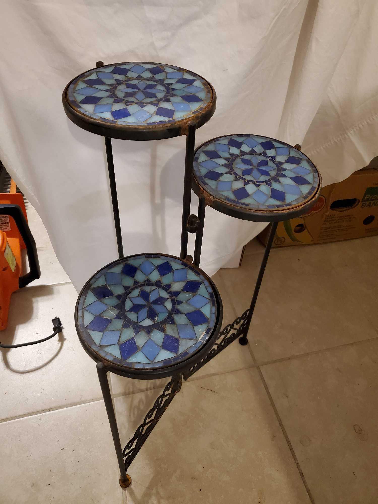 Mosaic STAINED GLASS topped 3 tier plant stand, folding