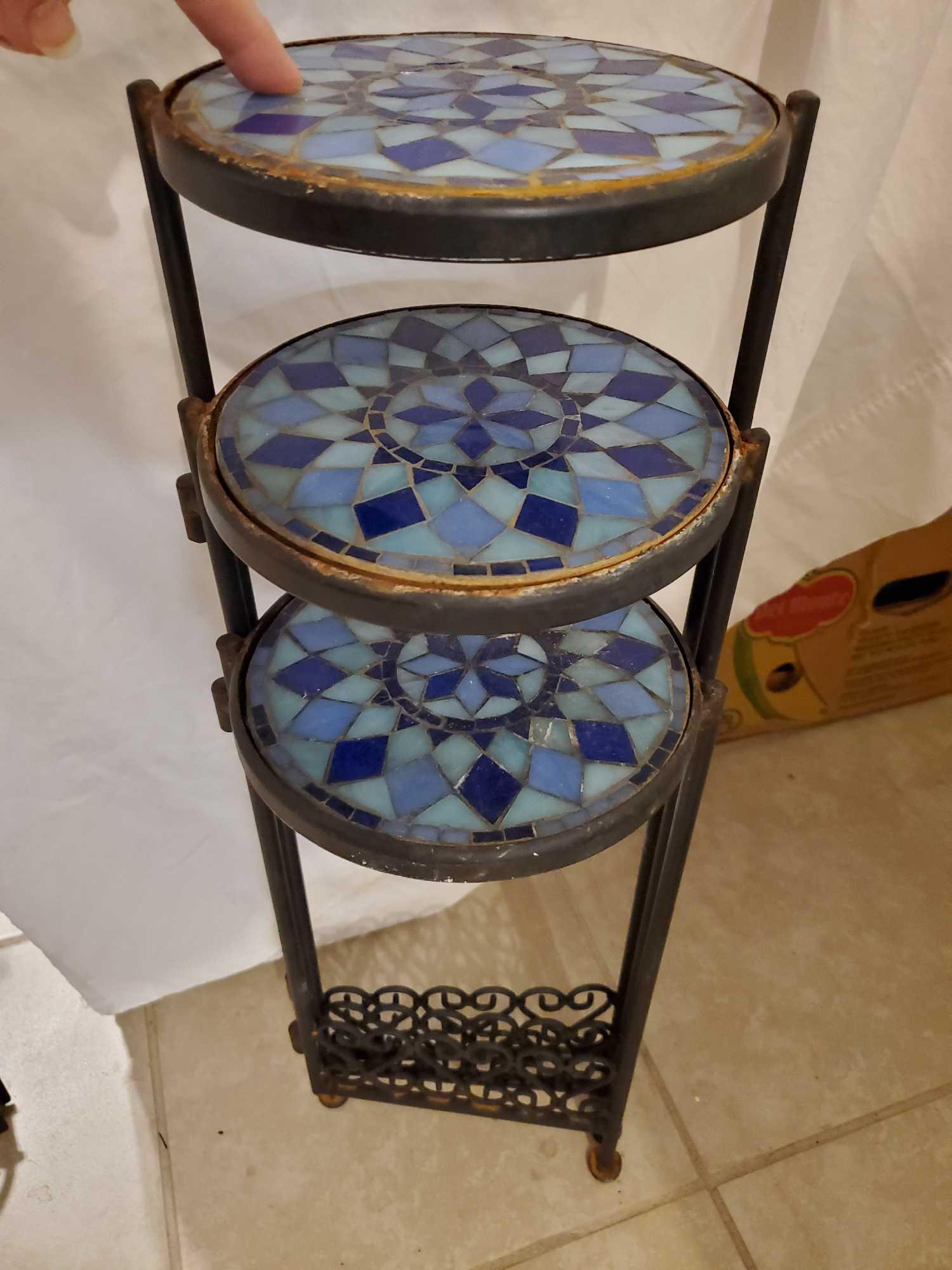 Mosaic STAINED GLASS topped 3 tier plant stand, folding