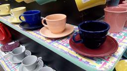 (8) PC FIESTA MUGS AND SAUCERS MULTI COLORED YELLOW BLUE PINK MAROON