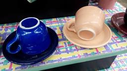 (8) PC FIESTA MUGS AND SAUCERS MULTI COLORED YELLOW BLUE PINK MAROON