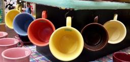 (6) FIESTA MUGS, YELLOW PINK BLUE BROWN